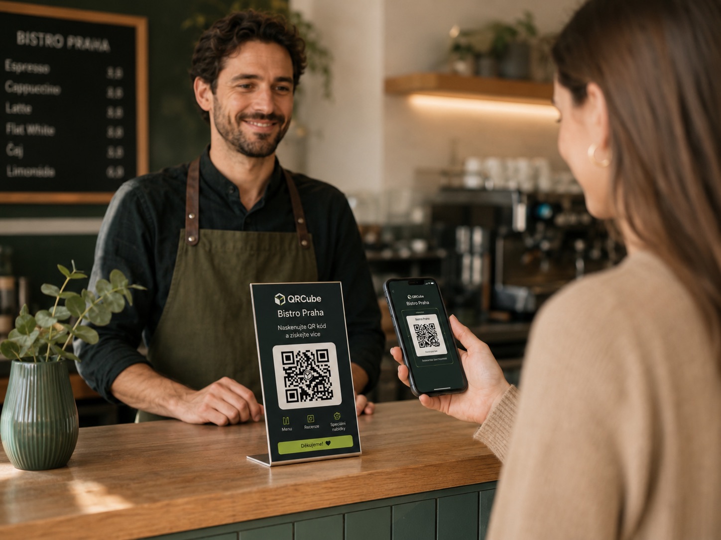 Zákaznice skenuje QR stojánek Bistro Praha u pultu kavárny